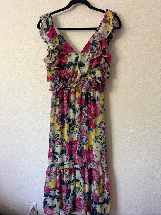 LC Lauren Conrad Dresses & Skirts - Lauren Conrad Floral Ruffle V-Neck Midi Dress in Pink, Blue & Yellow, medium